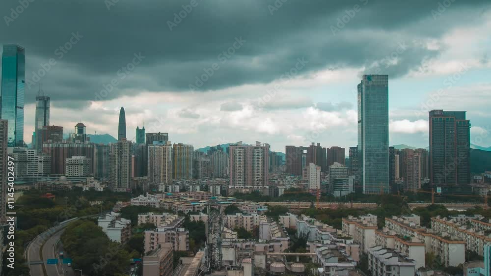 Urban skyline transformation with dramatic cloud cover in a bustling city Urban skyline transformation with dramatic cloud cover in a bustling city