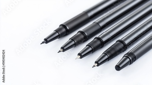 Close-Up of Four Black Ink Pens Arranged on a White Surface