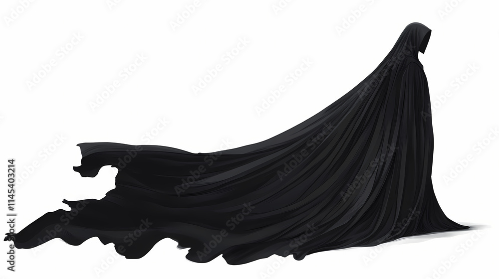 Dramatic flowing black cloak silhouette on white background. Veil. Illustration Dramatic flowing black cloak silhouette on white background. Veil. Illustration
