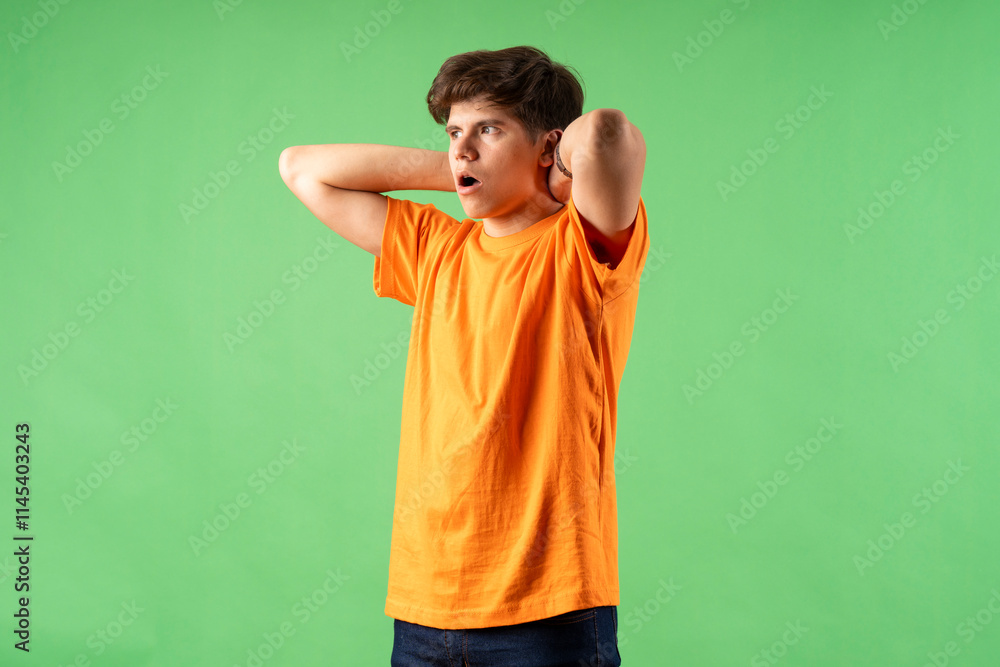 Young person expressing various emotions and body pains, pointing, using a cellphone, with colored backgrounds and wearing shirts of different colors Young person expressing various emotions and body pains, pointing, using a cellphone, with colored backgrounds and wearing shirts of different colors