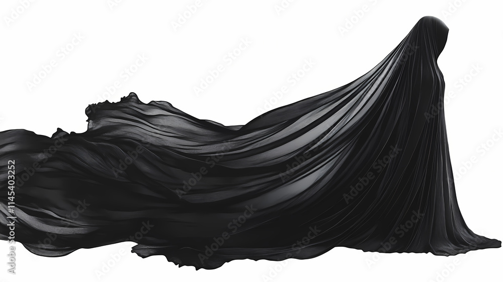 Dramatic flowing black cloak silhouette on white background. Veil. Illustration Dramatic flowing black cloak silhouette on white background. Veil. Illustration