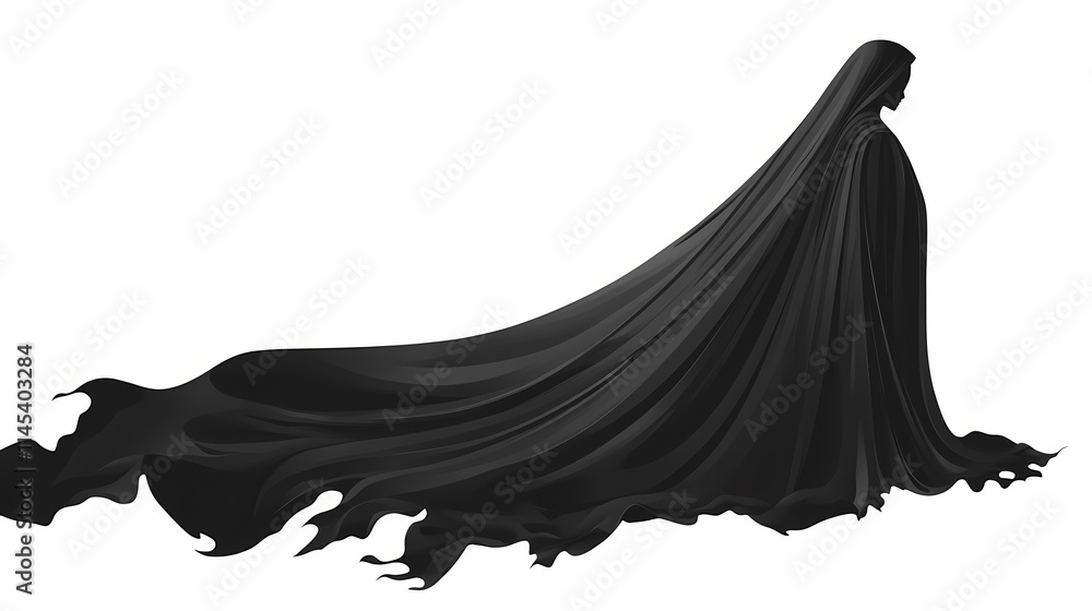 Dramatic flowing black cloak silhouette on white background. Veil. Illustration Dramatic flowing black cloak silhouette on white background. Veil. Illustration