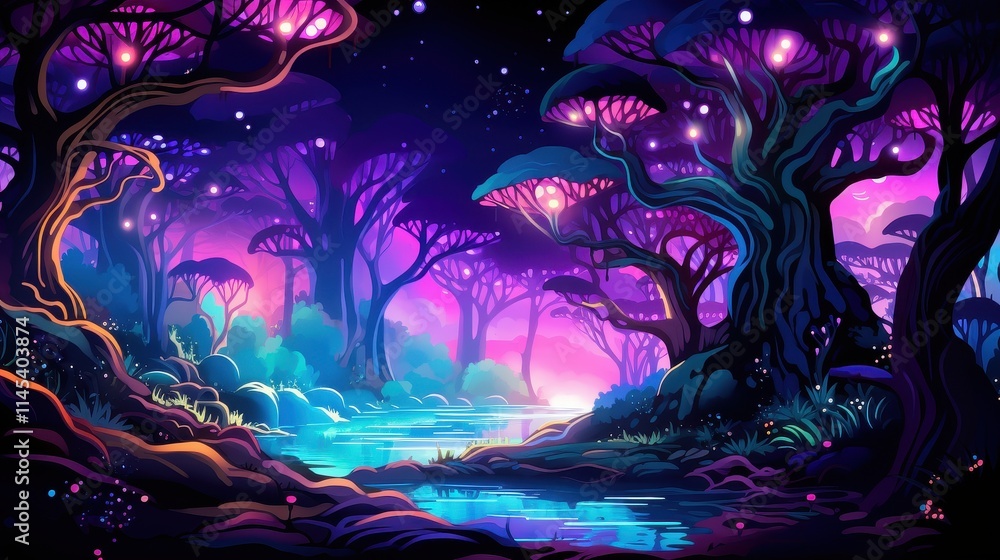Glowing Trees Enchant a Mystical River Scene Glowing Trees Enchant a Mystical River Scene