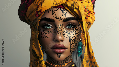 Generative ai illustration of beautiful young berber woman with turban dressed in costume, jewelry and tribal tattoos. Veil. Illustration