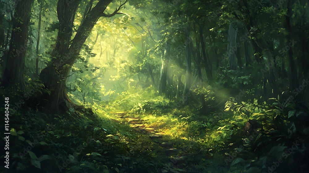 Fototapeta premium Warm sunlight pierces through the forest canopy, casting light across the green leaves, filling the scene with tranquility and a sense of natural wonder 