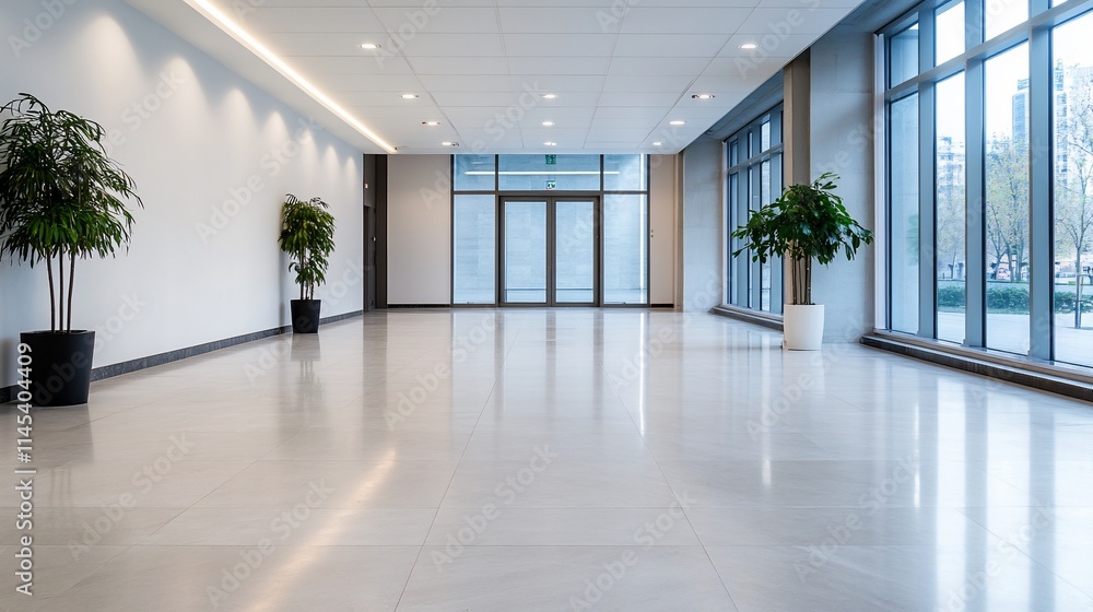 Modern lobby with large windows and indoor plants. Modern lobby with large windows and indoor plants.
