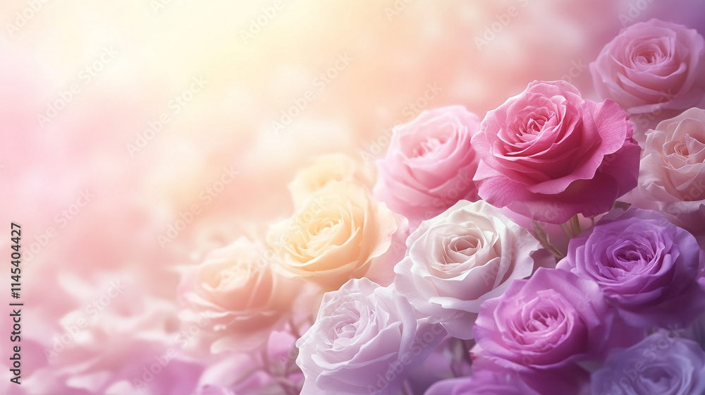 Delicate sweet pastel roses symbolize love, grace, and innocence, creating a dreamlike ambiance with their soft hues and blurred texture, perfect for romantic and ethereal designs Delicate sweet pastel roses symbolize love, grace, and innocence, creating a dreamlike ambiance with their soft hues and blurred texture, perfect for romantic and ethereal designs