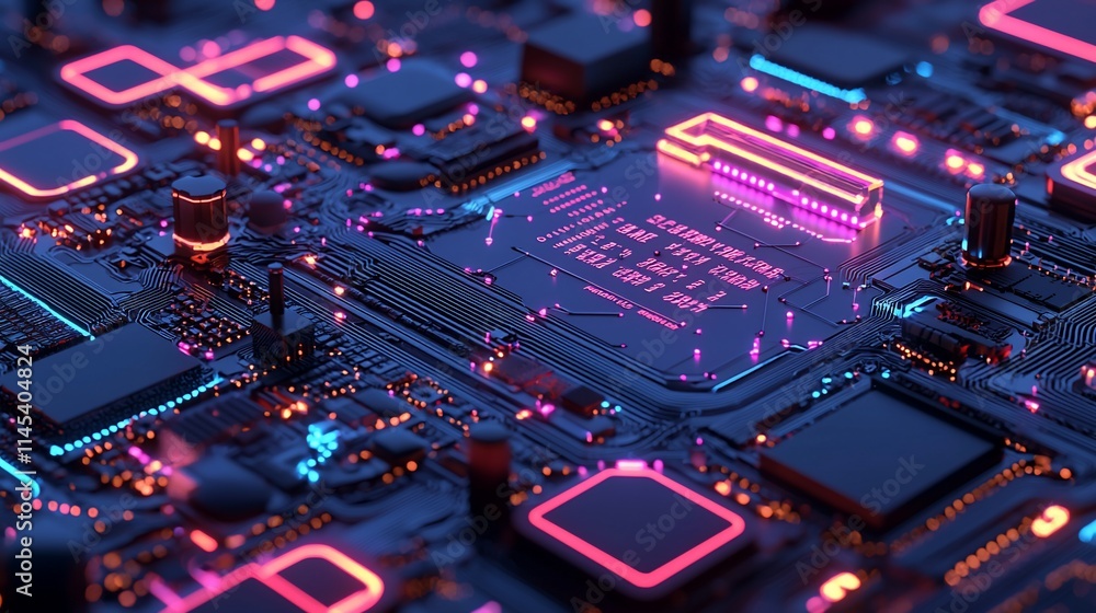 Close-up of a futuristic circuit board with glowing neon components.