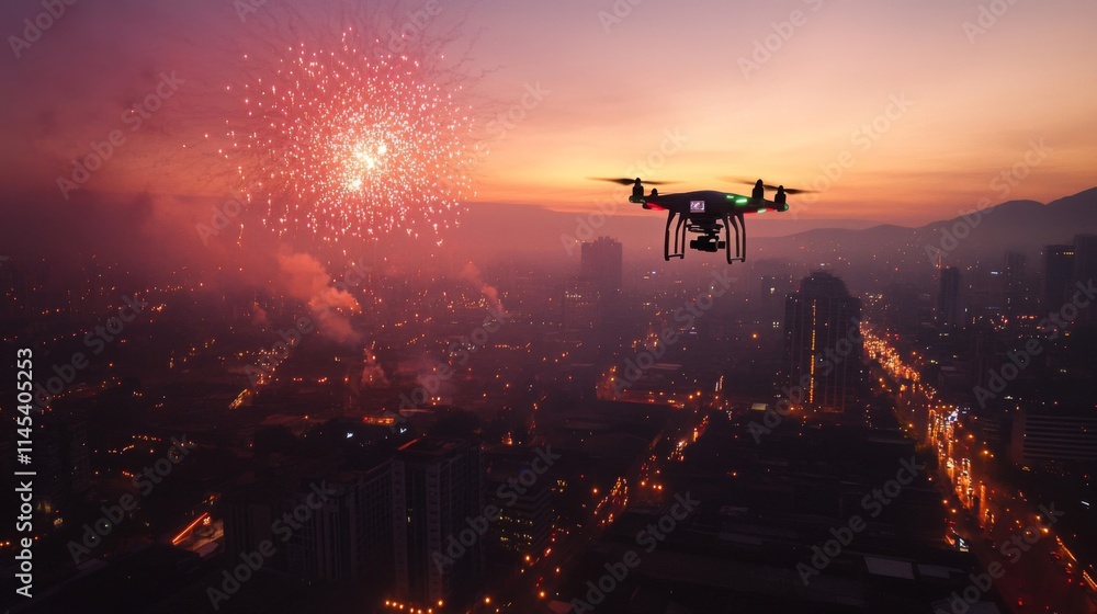 Drone Captures Fireworks Over Night Cityscape Drone Captures Fireworks Over Night Cityscape