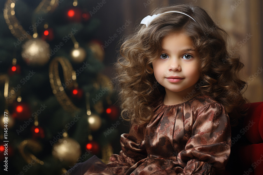 little girl in a brown dress near the Christmas tree. little girl in a brown dress near the Christmas tree.