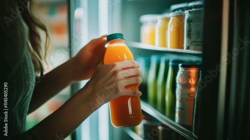 Choosing the Right Juice: A woman's hand reaches for a bottle of orange juice from a refrigerated display, showcasing a moment of everyday refreshment and healthy choices.   photo