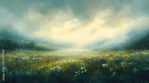 A veil of misty fog gently descends upon the vast expanse of a lush meadow, shrouding it in mystery and tranquility , meadow, mist, serene. Veil. Illustration photo