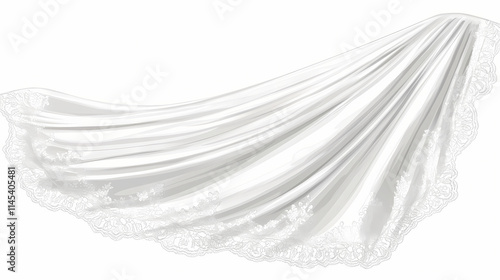 A wedding veil clipart, bridal accessory, flat design, with lace edges and a soft white hue, isolated on white background. Veil. Illustration