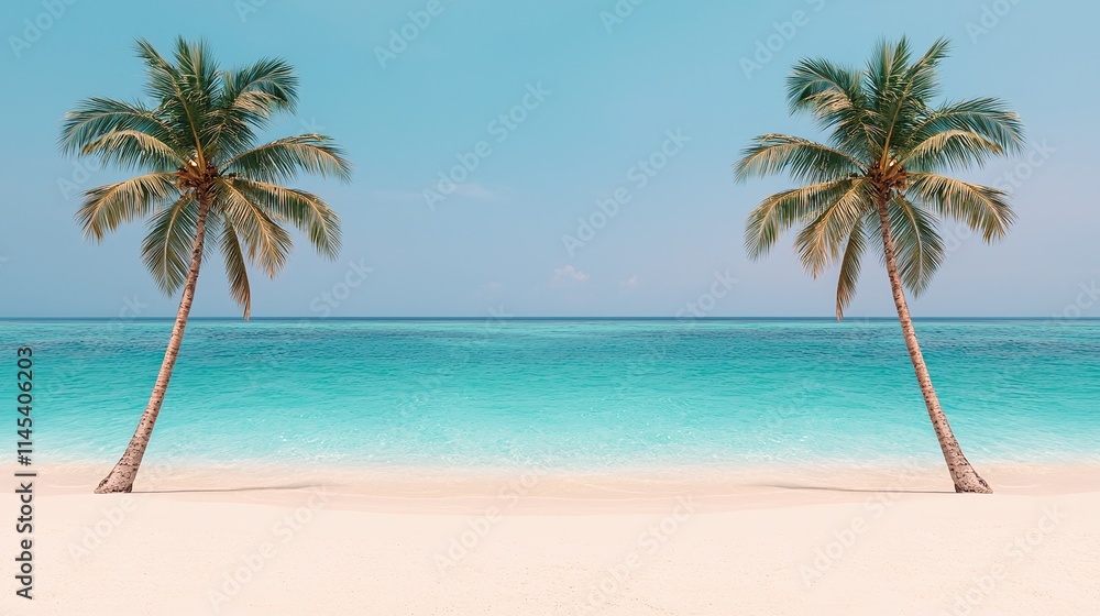 Idyllic Tropical Beach Scene with Two Palm Trees Idyllic Tropical Beach Scene with Two Palm Trees