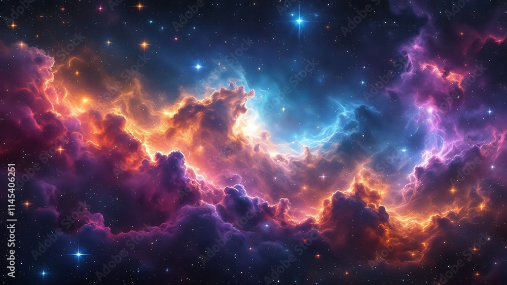 Obraz premium Deep space with colorful nebula clouds, showcasing vibrant cosmic colors and celestial beauty, evoking the mysteries of the universe in a stunning, otherworldly scene.