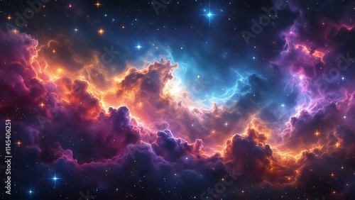 Deep space with colorful nebula clouds, showcasing vibrant cosmic colors and celestial beauty, evoking the mysteries of the universe in a stunning, otherworldly scene.