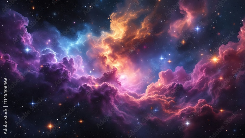 Fototapeta premium Deep space with colorful nebula clouds, showcasing vibrant cosmic colors and celestial beauty, evoking the mysteries of the universe in a stunning, otherworldly scene.