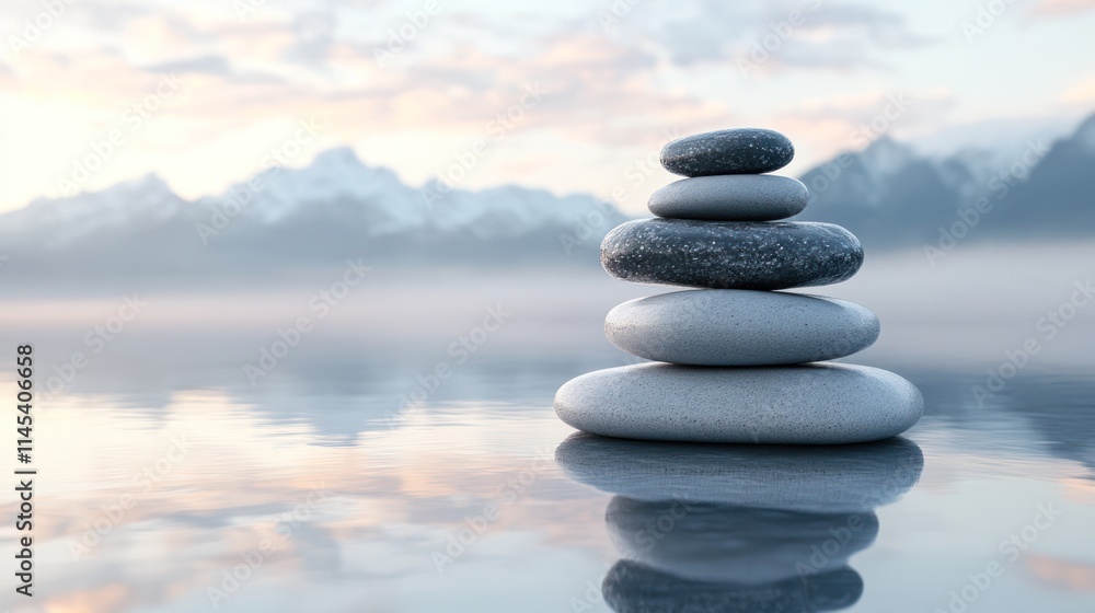 Stacked stones on calm water with mountain background. Stacked stones on calm water with mountain background.