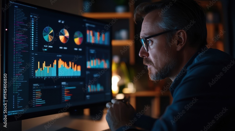Nightly Data Analysis: A focused businessman scrutinizes complex data charts on a large monitor, illuminated in the dim light of his home office. A captivating image for articles about data analysis. Nightly Data Analysis: A focused businessman scrutinizes complex data charts on a large monitor, illuminated in the dim light of his home office. A captivating image for articles about data analysis.