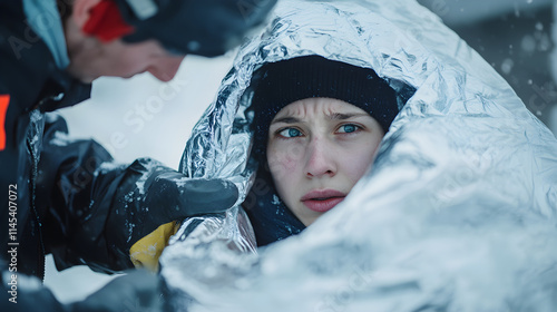 Compassionate Response: First Aider Shields Hypothermic Patient with Blanket in Life-Saving Gesture