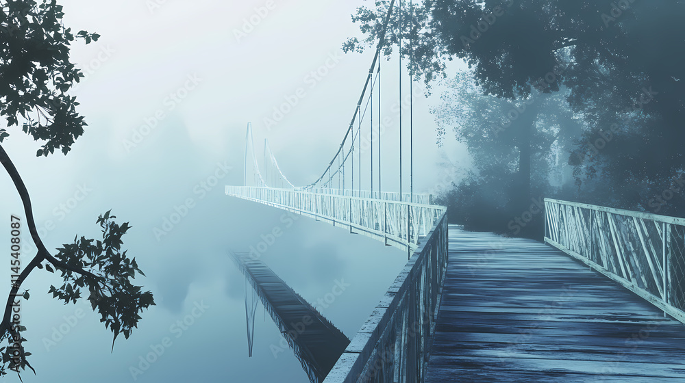 Obraz premium A misty veil rises from the tranquil water below, enveloping a slender white suspension bridge's metal frame and weathered wooden deck in an eerie silence. Veil. Illustration