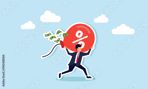 A businessman runs carrying a torn balloon with a percentage sign, spilling money everywhere, illustration of saving business financial assets from discount wars