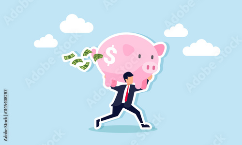 A businessman runs carrying a torn piggy bank, spilling money everywhere, illustration of saving company financial assets from bankruptcy