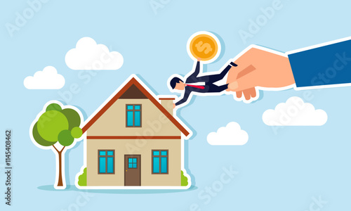 A businessman hold a dollar coin is pulled by a hand while tightly grip a house chimney, illustration of recruit a financial manager from their comfort zone in a previous company