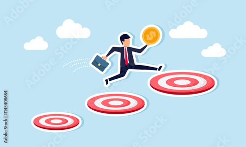A businessman carrying a dollar coin runs and jumps over a row of target boards, illustration of step-by-step achievement in completing business targets to gain increased profits