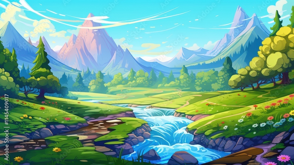 Idyllic Mountain Stream Valley Landscape Scene Idyllic Mountain Stream Valley Landscape Scene