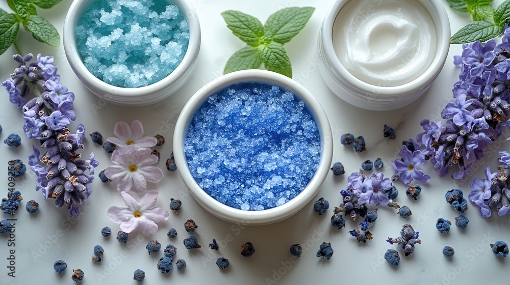 A serene arrangement of bath salts, cream, and flowers for relaxation and self-care.