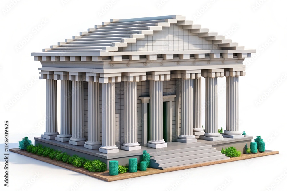 Fototapeta premium Elegant voxel art bank building with prominent white pillars and steps, ideal for digital financial branding wallpaper background