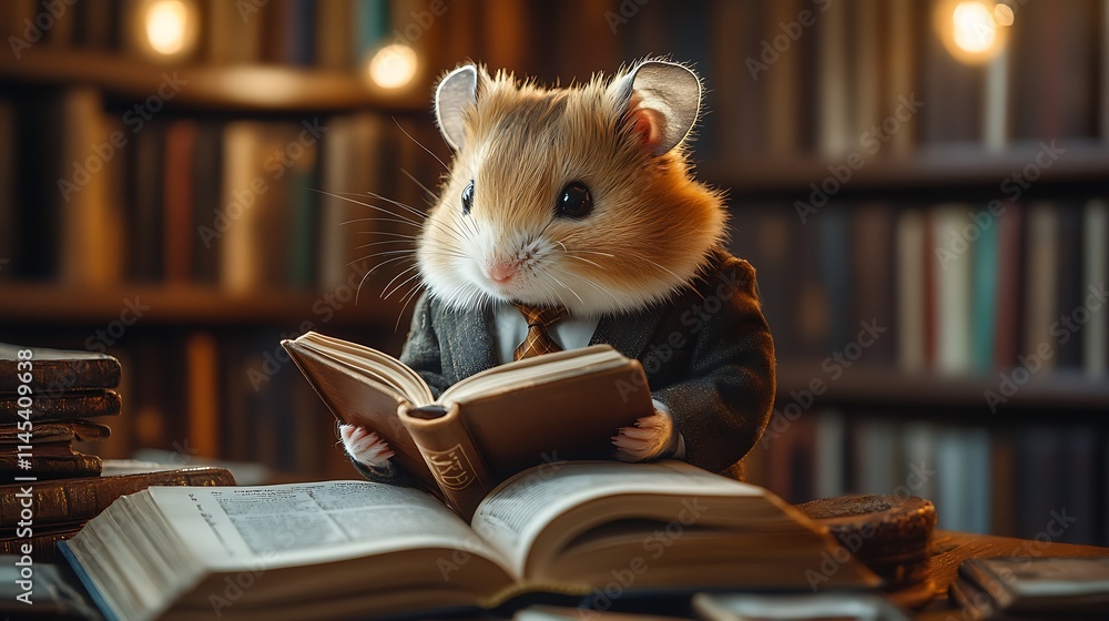 A Hamster in a Suit Reads a Book in a Library A Hamster in a Suit Reads a Book in a Library