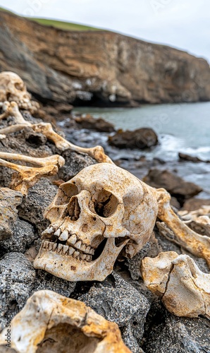 A coastal scene featuring skeletons on rocks near the shoreline. photo