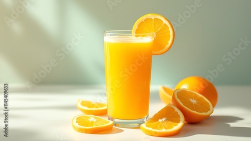 Freshly squeezed orange juice in a glass with a slice of orange, offering a refreshing, vitamin-rich drink perfect for a healthy start to the day or a revitalizing boost. photo