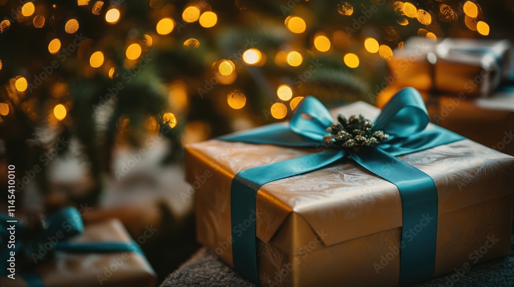 Gold gift box with teal ribbon under Christmas tree lights. Gold gift box with teal ribbon under Christmas tree lights.