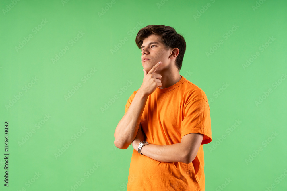 Young person expressing various emotions and body pains, pointing, using a cellphone, with colored backgrounds and wearing shirts of different colors Young person expressing various emotions and body pains, pointing, using a cellphone, with colored backgrounds and wearing shirts of different colors