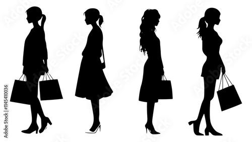 Silhouettes of Stylish Women Shopping with Bags in Various Poses