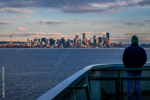 Aboard the Washington State Ferry with views of the Seattle Skyline. Traveling from Bainbridge Island to the Coleman Dock across Elliott Bay with spectacular views of the Seattle waterfront.