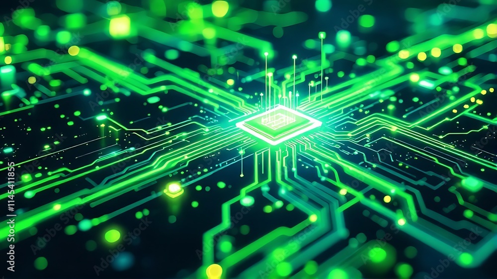 Futuristic green circuit board with data streams, symbolizing advanced technology, digital connectivity, and high-speed data processing in a high-tech, virtual environment. Futuristic green circuit board with data streams, symbolizing advanced technology, digital connectivity, and high-speed data processing in a high-tech, virtual environment.