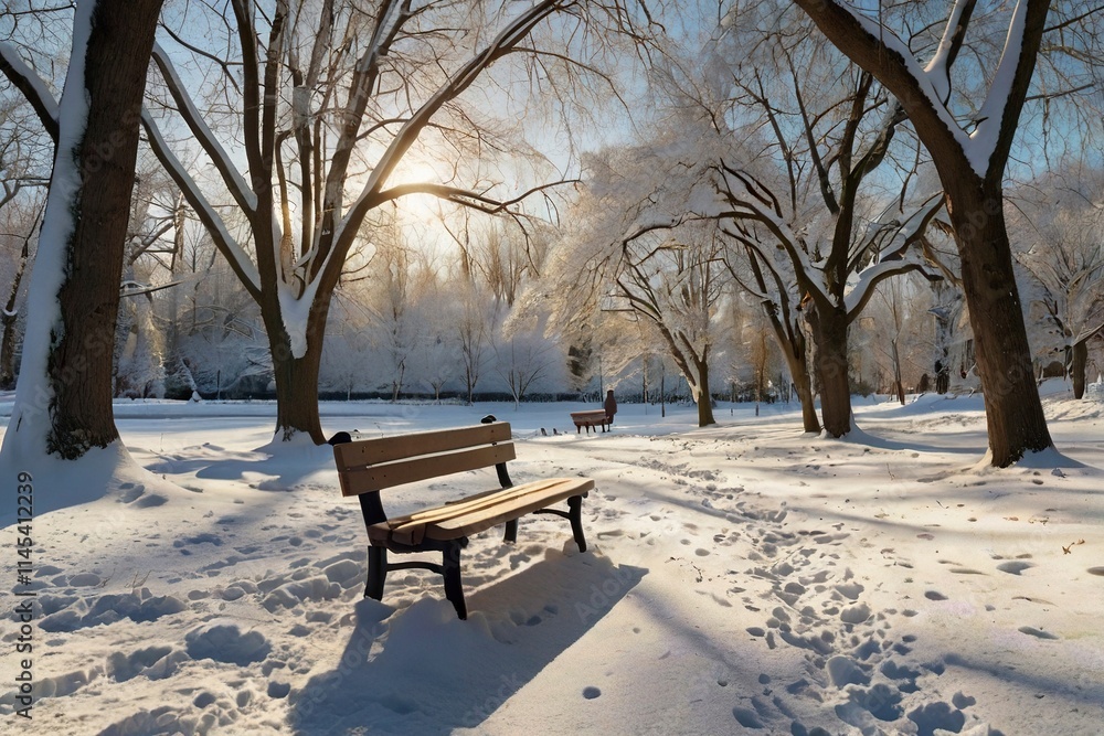 A peaceful snow-covered park with leafless trees forming a natural archway. Sunlight streams through the branches, casting long shadows on the pristine snow A peaceful snow-covered park with leafless trees forming a natural archway. Sunlight streams through the branches, casting long shadows on the pristine snow