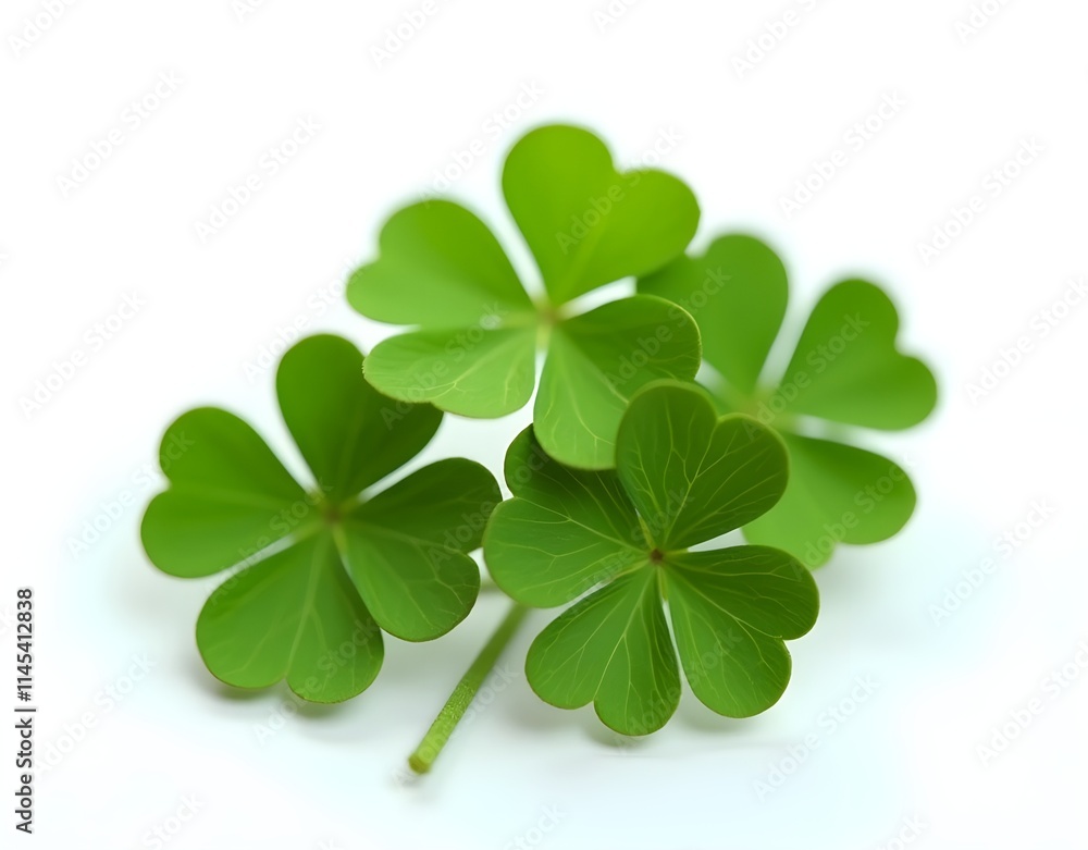 Three bright green four-leaf clover leaves are arranged on a pure white background. Three bright green four-leaf clover leaves are arranged on a pure white background.