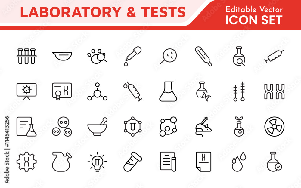 Naklejka premium Laboratory and Tests Icon Set. A precise collection of icons for scientific testing and research, perfect for enhancing educational materials, lab websites, and health applications.