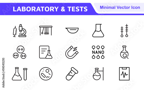 Laboratory and Tests Icon Set. A precise collection of icons for scientific testing and research, perfect for enhancing educational materials, lab websites, and health applications.