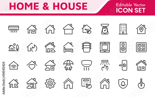 Home Icon Set. A cozy and inviting collection of icons that embody comfort and lifestyle, perfect for enhancing real estate apps, home improvement projects, and websites.