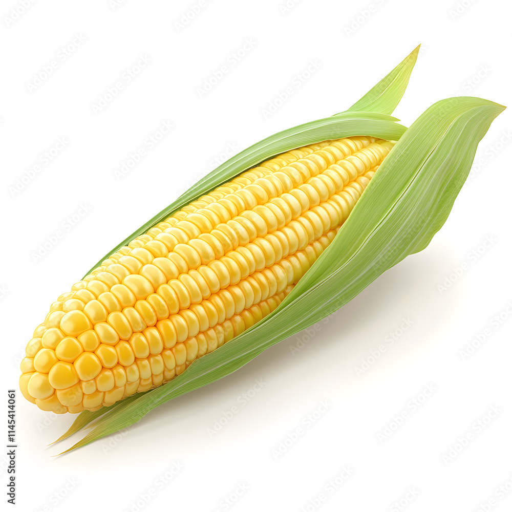 3D Corn on the Cob with detailed kernels and green husks peeled back slightly 3D Corn on the Cob with detailed kernels and green husks peeled back slightly