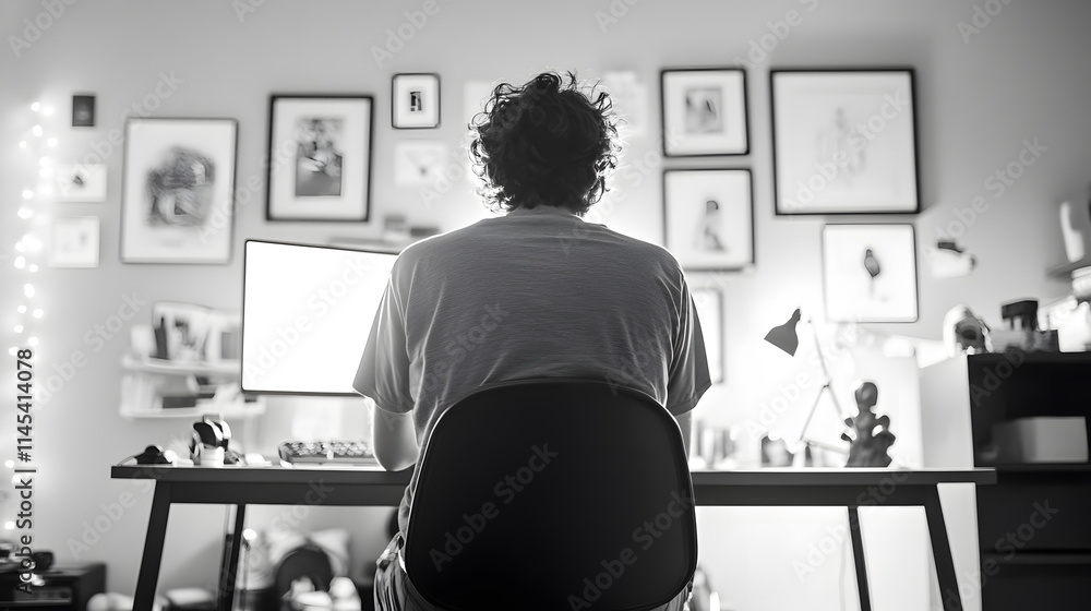 person working intently at desk in creative workspace person working intently at desk in creative workspace