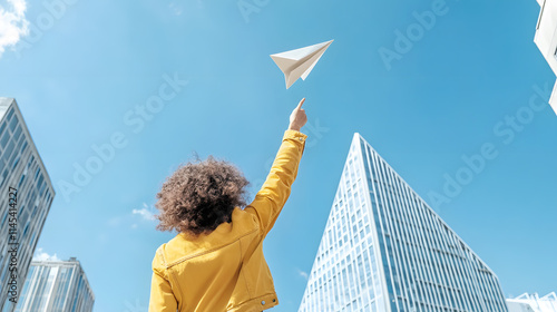 woman in yellow jacket launches paper plane from skyscraper
