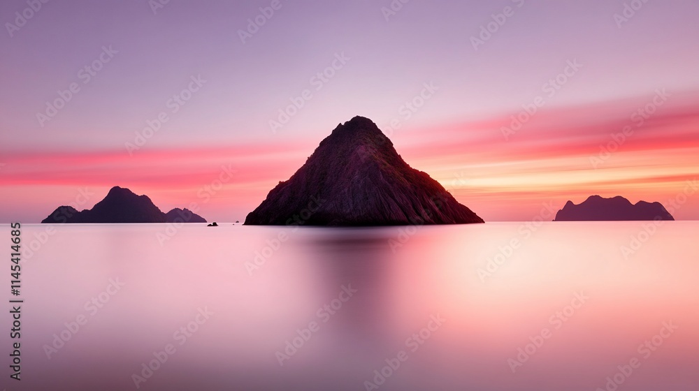 Serene seascape with rocky islands at sunset. Serene seascape with rocky islands at sunset.
