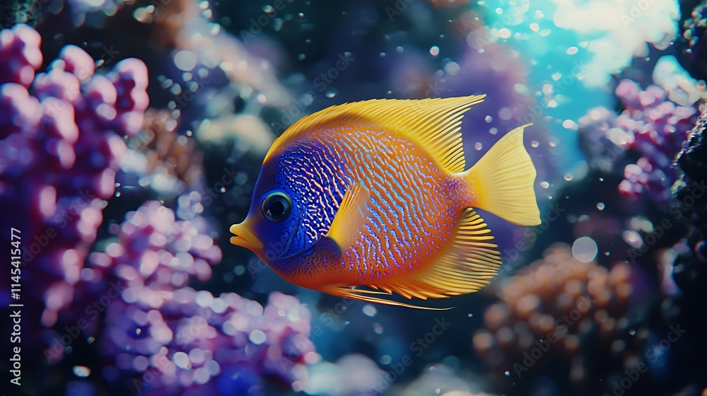 A fish with a blue and yellow body swims in a coral reef A fish with a blue and yellow body swims in a coral reef